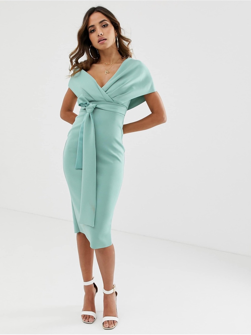 ASOS Mint Green Off-Shoulder Wrap Midi Dress with Waist Tie